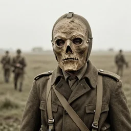 a man at wearing a full head scarecrow mask in distance, ww1 film photo, grainy, high detail, high resolution