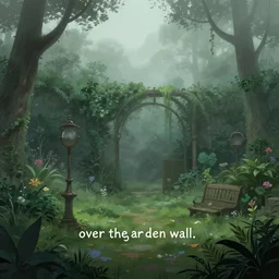 “over the garden wall, illustration, 8k, digital masterpiece, gloomy, atmospheric fog, highly detailed”