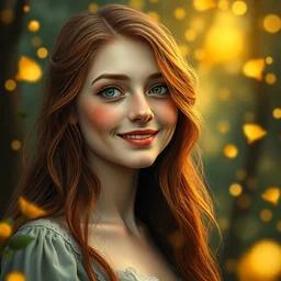 portrait of happy a young woman, among the lights of golden fireflies and nature, long loose red hair, intricate details, birght green eyes, freckles on the nose, round gentle face, romantic dress, deep focus, smooth, sharp, golden ratio, hyper realistic digital art by artemisia lomi gentileschi and caravaggio and artgerm, alphonse mucha, sakimichan