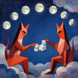 post - minimalism comic abstract cubism portrait of triangle devils playing square dice, top down view, the moon orbiting other moons, iridescent clouds, vibrant color scheme, highly detailed, in the style of romanticism, cinematic, artstation, moebius, greg rutkowski