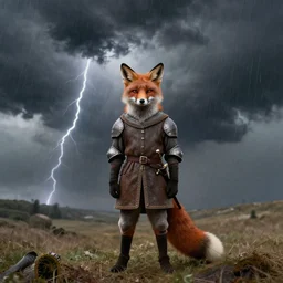 anthropomorphic fox who is a medieval knight standing sternly in the middle of a huge thunderstorm 1 9 3 0 s film still, ladislas starevich