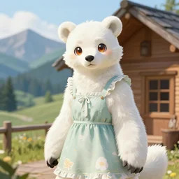 award winning beautiful portrait commission art of a female male furry anthro polar bear fursona with a cute beautiful attractive detailed furry face wearing a summer dress at a mountain cabin. Kemono Character design by Dangan. t