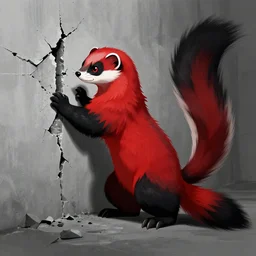 red - and - black weasel / stoat fursona ( furry fandom ), neo - noir setting, detective fiction inspired art tone, artistic medium is scratching and chiseling on a prison cell wall in order to create cracks and impressions