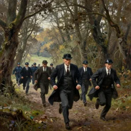 Peaky Blinders gang, criminals, running from the police in the woods, oil painting by Greg Rutkowski
