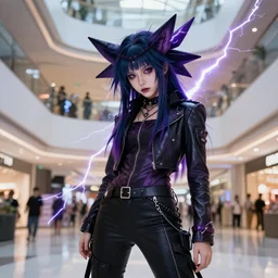 beautiful mall goth yu gi oh, realistic, in the style of nu metal, side lighting, lightning bolts