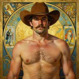 a beautiful painting of a shirtless cowboy!, dad bod, hairy chest, mustache!, homoerotic, art deco, tarot, art nouveau, trending on arstation