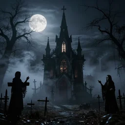 spooky cemetery at night, moonlight, misty