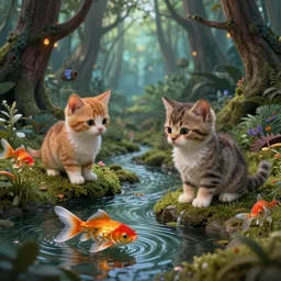 two kittens in the enchanted forest watching the goldfish in the stream, fantasy, intricate, d & d, matte
