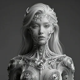 beautiful artificial female entity fused with poltergeist, eternal machine, the end of a soul journey, elegant ornate wire pattern, portrait, intricate details, by vincent di fate, artgerm, julie bell, beeple and Greg Rutkowski, 90s, concept, Smooth gradients, octane render, 8k, High contrast, duo tone, depth of field, very coherent symmetrical artwork