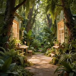 the interior of a house with forest and plants theme, 8k, photo realistic, warm lighting