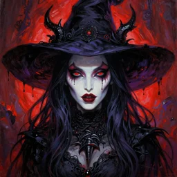 masterpiece painting of evil witch portrait by elena kukanova, jeff easley, james jean and zdizslaw beksinski, 8 k, epic, majestic, intricate artwork, volumetric lighting, porcelain skin, dramatic vivid and vibrant colors, gothic, in the style of midjourney, trending on artstation, behance