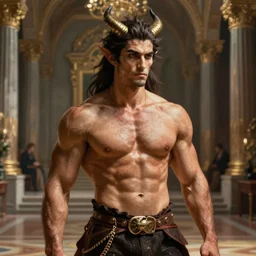 a hot muscular cambian demon man in a great hall, portrait, realistic painting