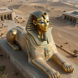 an aerial photo of a beautiful intricate epic futuristic hyper detailed cyber sphynx of egypt, cinematic lighting