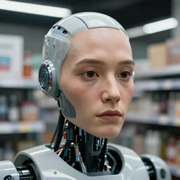 photo of a robot who looks almost the same as a human in a store display hiding a dark secret, synthetic skin!!!, highly detailed face, expressive face, cyberpunk, year 3022, medium close-up, depth of field, ISO 300, aperture f11, 1/100 obturation speed