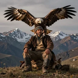 eagle hunter sitting on the background of mountains in kyrgyzstan, detailed painting, epic lighting, by ilya repin, phil hale and kent williams