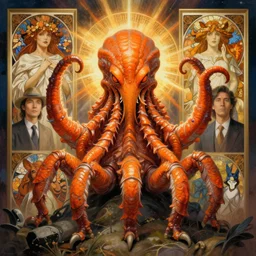 zoological portrait of orange cthulhu by kuldar leement and ruan jia and brad rigney and alphonse mucha