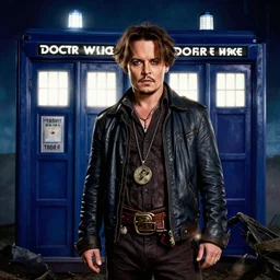promotional poster of Doctor Who played by Johnny Depp standing next to the TARDIS, digital art, trending on artstation, 4k