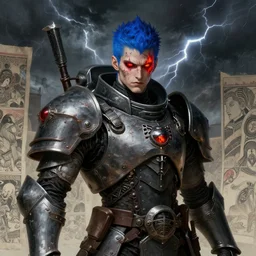 portrait of gothic and futuristic young man, warhammer, cyberpunk armor, a lot of scars, thunderstorm, blue head, fire eyes, some red, the middle ages, highly detailed, artstation, in the style of moebius, jugendstil and classic japanese print, art by jean delville and tristan eaton
