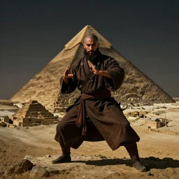 a close portrait of a charismatic egyptian / arabic style kung fu - monk on top of a pyramid overlooking the ancient monumental egyptian city, evenlight, cinematic dark mood, a dark pre - raphaelite masterpiece by john everett millais