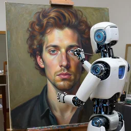 robot artist painting a self - portrait on a canvas. intricate, highly detailed, photorealistic, digital matte painting, in the style of alexandros pyromallis, and in the style of sachin teng, and in the style of hans thoma, and in the style of gil elvgren. irony, recursion, inspiration.