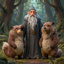 old wizard and his forest furry creature matte painting, 3 d highly detailed, in the style of mark ryden