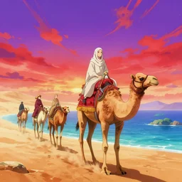 anime muslims journeying across an enchanted isekai desert on camel through a ocean oasis, heatwaves anime aesthetic, bright purple and red sky