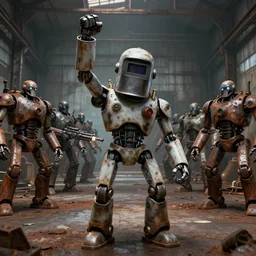 a realistic crazy robot wearing a welding helmet, welding helmet head, one fist raised high in triumph, raised fist, standing in front of an army of robots inside a huge rusty dingy warehouse, army of menacing robots, raygun gothic, atomic punk, digital art, detailed render