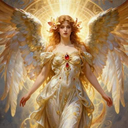 a beautiful orchid phoenix angel woman, in an ornamented dress with large wings, rubies, volumetric light, god rays, highly detailed painting by greg rutkowski, artgerm, alphonse mucha
