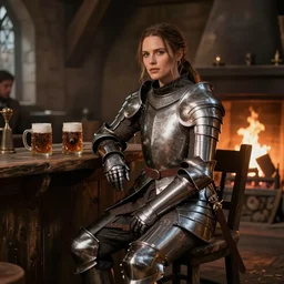 kate beckinsale weared in full plate armor, sit in fantasy tavern near fireplace, behind bar deck with bear mugs, medieval dnd, by Clark Huggins