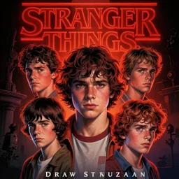 Stranger Things by Drew Struzan, artstation, 80's American sci-fi poster The Goonies (1985) style, detaild faces, 8K
