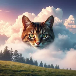 cat face emerging in the clouds, peaceful meadows, trees, mountains in the background, retrowave artwork, beautiful, volumetric lighting, high quality