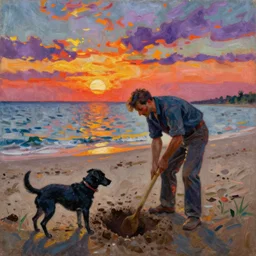 a fauvist painting of a man and a black dog digging a hole on a danish beach at sunset
