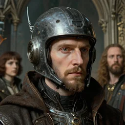 sci fi futuristic cyber jan van eyck closeup portrait of a medieval man with cyberpunk sci fi helmet, nicoletta ceccoli, mark ryden, lostfish, hyung tae, frank frazetta, depth of field, detailed and intricate gothic environment, 8 k resolution, hyperrealistic, octane render