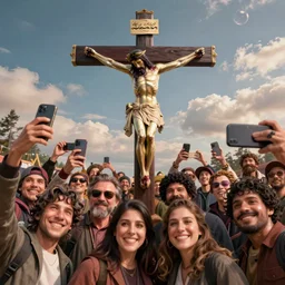 highly detailed photograph at the crucifixion of Jesus Christ and the crowd is smiling and taking phone selfies