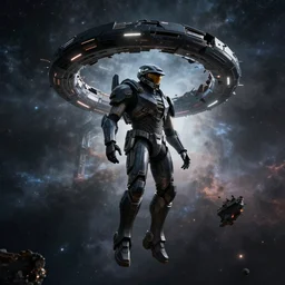 a photo of a destroyed scifi black halo spartan floating alone in a nebula, unreal engine, raytracing,