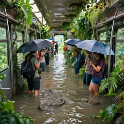 people with umbrellas, knee deep in flooded waters inside a train carriage which is overgrown with jungle vegetation, snakes and reptiles