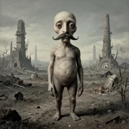 a strange looking creature with a mustache, a surrealist scene by charles e. burchfield, trending on deviantart, pop surrealism, apocalypse landscape, dystopian art, surrealist, rolleiflex tlr photo