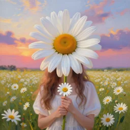giant daisy flower for a head, portrait of girl in flower field, holding daisy, surreal photography, sunrise, impressionist painting, colorful clouds, digital painting, artstation, simon stalenhag, flower face