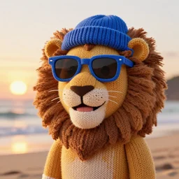 a photorealistic picture of a knitted smiling male lion wearing blue sunglasses and a beanie cap at the beach during sunset Trending on Artstation, featured on Behance, well-rendered, fine detail, extra crisp image, Unreal Engine, 4K HD