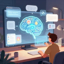 Realistic depth. Fantastic lighting. Digital illustration artwork drawing cartoon masterpiece. Trending on Artstation by Syd Mead. 3d version of a desktop interface in roomscale. Ideas represented within thought bubbles and symbolic pictograms.  Somebody using a holographic 3d mind map within a room-space. User interface. Award-winning. UX/UI. User experience. Natural intuitive expressive. Multi-layered. Graspable. Easy. Complex.