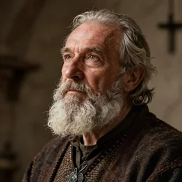 portrait of an old, medieval alchemist in the dark, he is looking into the distance thoughtfully!!. close up, 4 5 - degree, studio lighting bright ambient lighting key light, fantasy, detailed, photorealistic portrait by michael komarck, greg rutkowski, victo ngai, artgerm and j. dickenson