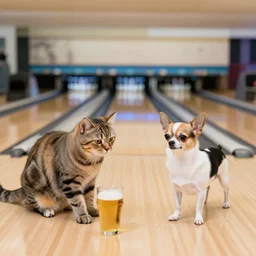 a cat and a chihuahua, bowling, at the bowling alley, drinking beer
