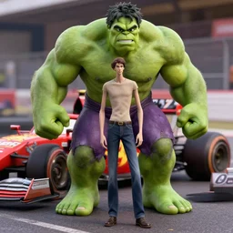 incredible hulk, skinny, hands for feet, standing in front of formula 1 car, lightning mcqueen skin, detailed, photorealistic, hdr, 4 k