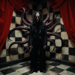 extremely detailed movie shot closeup portrait of a dark bizarre figure standing in the corner of a checkerboard checkerboard room, by denis villenueve, yves tanguy, lovecraft, roger dean, amano, david lynch, tentacles, dynamic composition, rich moody colours, crimson drapes