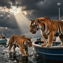 tiger caught by fishing boat, zenith view,