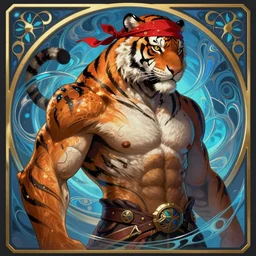 anthropomorphic male tiger as league of legends hero, masculine and strong, red tattered bandana by artgerm, cushart krenz, greg rutkowski, mucha. art nouveau. gloomhaven, swirly liquid ripples, blue tones, vibrant colors, sharp edges. ultra clear detailed. 8 k. elegant, intricate, octane render