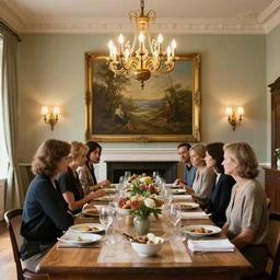 Dinner party at the big room with chandelier oil painting