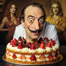 portrait of Jordi Roca, the famous pastry chef, made of cake, with cream and strawberries and chocolate, hyper-detailed and very intricate, Dali style, , by Boris Vallejo , Julie Bell , Brom , Frank Frazetta , Jeff Easley cinematic , high quality ,extremely detailed , trending on artstation , rule of thirds, golden ratio