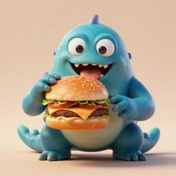 3D loch ness monster eating a cheeseburger