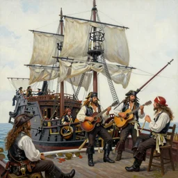 ultra realist soft painting of pirate folk musicians playing music, pirate ship, pirates watching, symmetry accurate features, very intricate details, focus, artstyle Hiraku Tanaka and Tom Bagshaw, award winning